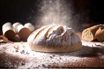 Poster - Close up of fresh bread on a table covered in flour. On the dining room table was fresh bread. the idea of a traditional bakery and healthy eating. rustic fashion. Generative AI