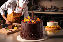 A Cake With Chocolate, Fruit, And Candy Is Decorated In The Kitchen By A Pastry Chef. Chocolate Cake Decoration By A Confectioner Is Part Of A Cooking Lesson, Bakery, Food, And People Concept