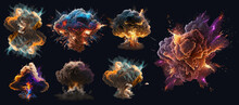 Set Magic Explosion, Game Bomb Boom Effect With Colorful Clouds. Isolated Smoke Cumulus Elements Of Gas Explosion, Effect And Promo Flash Black. Vector Illustration