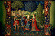 Medieval style tapestry with court motives in the ancient style, generative AI