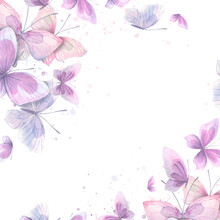 Lilac, Pink And Blue Butterflies With Splashes Of Paint. Watercolor Illustration. Template From The Collection Of CATS AND BUTTERFLIES. For The Design And Decoration Of Prints, Postcards, Posters.