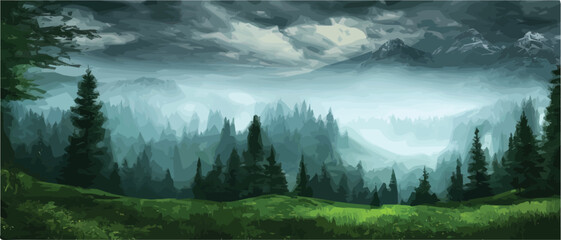 Foggy mountains with coniferous forest vector illustration. Smokey rocky panorama with mountain mountains and silhouettes for pine forest. landscape panorama from Pine mountain forest. with copy space