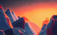 Abstract Landscape Resembling Mountains Rocks And Sunset. Yellow And Blue Abstract Background. Generated AI Illustration.