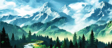 Foggy Mountains With Coniferous Forest Vector Illustration. Smokey Rocky Panorama With Mountain Mountains And Silhouettes For Pine Forest. Landscape Panorama From Pine Mountain Forest. With Copy Space