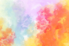 Abstract Colorful Watercolor Background. Spring Or Easter Sunrise Sky. Easter Background. Painted Watercolor Blob Texture. Red Orange Yellow Blue Purple And Pink Color. Soft Pastels And Bright Colors.