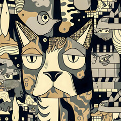 Wall Mural - Vintage Cat pattern, drawn illustration Generative AI