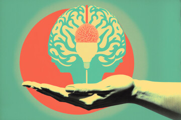Wall Mural - Generative AI illustration of concept art of a hand holding a brain with a light bulb inside representing the concept of thinking