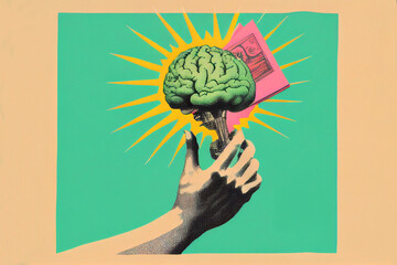 Wall Mural - Generative AI illustration of concept art of a hand grabbing a human brain