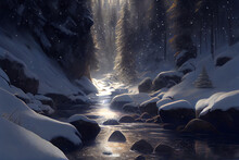 AI Generated Picturesque Landscape Of Rocky River Flowing In Snowy Forest Amidst Coniferous Trees On Sunny Day On Winter Day