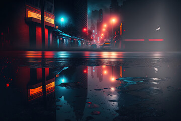 Canvas Print - background with hazy lighting. Wet pavement, a cityscape at night, and neon reflections on the concrete floor. empty studio and stage at night. Dark roadway, dark abstract background. evening city