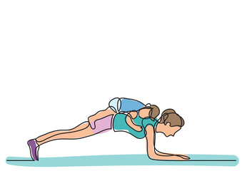 Wall Mural - one line drawing mom doing pushups with her baby on back colored colored - PNG image with transparent background