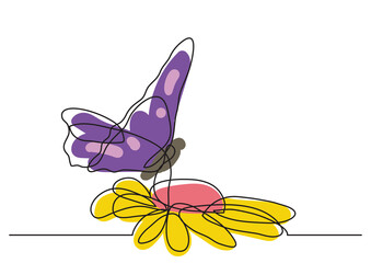 Poster - continuous line drawing butterfly and flower colored - png image with transparent background