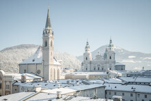 Salzburg Cathedral And City Skyline In Winter Snow, Salzburg, Austria