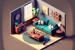 3d illustration isometric low poly living room cute design. Room includes sofa frame and other furniture (ai generated)