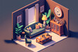 3d illustration isometric low poly living room cute design. Room includes sofa, coffee table, windows, curtain, clock, frame and other furniture (ai generated)