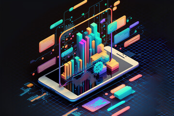 Application of Smartphone with business graph and analytics data on isometric mobile phone. Analysis trends and software development coding process concept. Programming, testing cross platform code