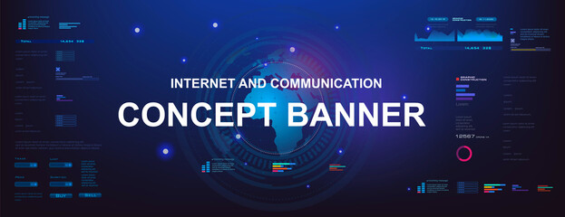Wall Mural - Internet concept banner. World Internet technologies and communications. Futuristic background with earth interface diagrams. Global world Internet network of new generation