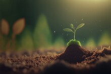  A Plant Sprouts From The Ground In The Middle Of A Field Of Dirt And Dirt With A Bright Light Shining On The Ground Behind It And A Dark Background With Little Trees And.  Generative