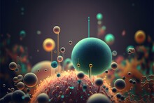  A Computer Generated Image Of A Bunch Of Bubbles And Bubbles On A Surface With A Black Background And A Blue Sky In The Background With A Few Small Dots Of Green And Yellow Dots On.  Generative