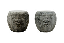 Two Granite Carved Antique Chinese Tanggu Drums Isolated On White Background. Set Of Traditional Chinese Drum Stones In Wat Pho Temple In Bangkok, Thailand. 