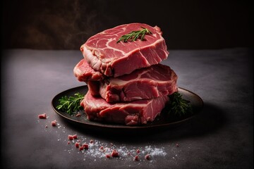 Wall Mural -  a plate of raw meat with herbs on it and smoke coming out of the top of the meat and on the bottom of the plate is a black surface with a few tiny sprinkles of salt.  generative