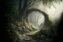 Dense Forest With Stone Path, Sun Rays And Fog. Digital Illustration. AI