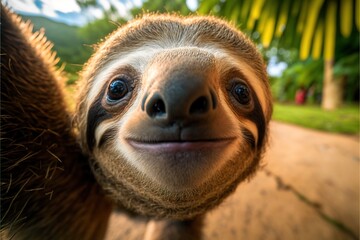 Poster -  a smiling sloth hanging upside down on a tree branch in a zoo enclosure at the zoo, with a blurred background of palm trees and a path with a few leaves and a few.  generative