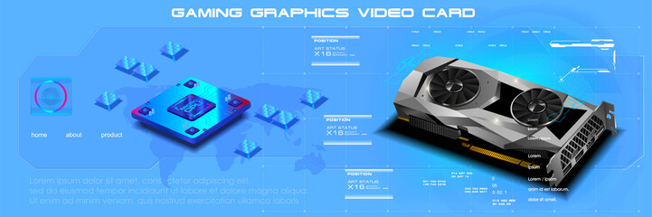 Poster - mockup realistic video card with processor. 3d model video card for computer. development of electro