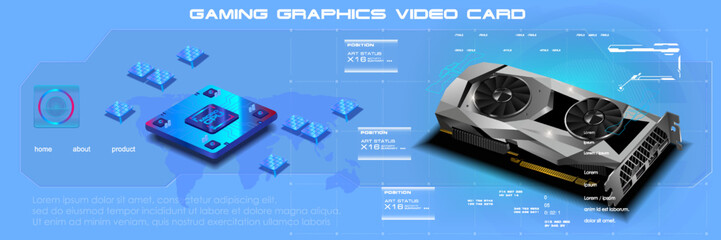 Poster - mockup realistic video card with processor. 3d model video card for computer. development of electro