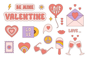 Poster - Retro groovy valentines day sticker set in style 60s, 70s. Trendy vintage icons isolated on a white background. Vector illustration