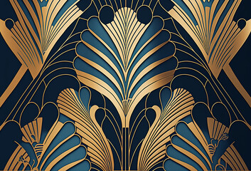 Wall Mural - Art deco gold and blue ornate pattern background design. Generative ai