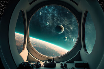 Canvas Print - A spaceship cabin with a view of the universe and faraway planets. Generative AI