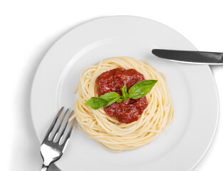 Wall Mural - plate with spaghetti, sauce and basil on white background