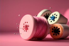  A Pink Background With Three Spools Of Thread And A Spool Of Thread On The Top Of The Spool Are Two Spools Of The Spools And The Spool Are Pink.