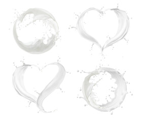 Wall Mural - Milk or cream splash, circle and heart wave flow with realistic white drops. Vector 3d dairy food or drink swirls with milky or creamy smooth texture. Pouring milk heart and circle frames set