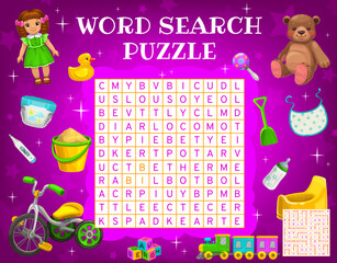 Poster - Cartoon kids accessories and toys, word search puzzle game worksheet, vector kids quiz grid. Education riddle to search word of kids toys bear and bicycle, alphabet cubes and thermometer with diaper