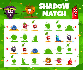 Poster - Shadow match game worksheet cartoon berry characters on yoga fitness. Kids vector riddle with blueberry, raspberry, cherry and blackberry with honeysuckle, cloudberry and rose hip sportsman personages