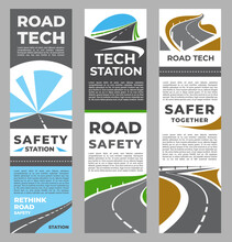 Safety Roads Industry Banners. Driveway Construction And Service Vector Banner Background. Asphalt Path Repair Company, Speedway Or Highway Safety Industry Posters With Wavy Roads