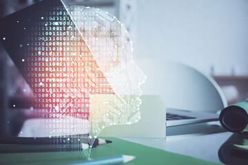 Poster - Double exposure of table with computer and brain hologram. Data innovation concept.