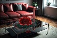 Three-dimensional Red Rose Hologram On Table In Modern Living Room