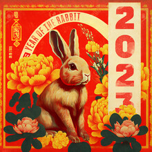 Year Of The Rabbit - Chinese New Year 2023 Greeting Card With Bunny, Red Traditional Chinese Design. Lunar New Year Concept, Vintage Retro Design. 卯年　年賀状テンプレート