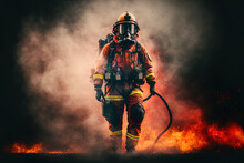 Firefighter Training., Fireman Using Water And Extinguisher To Fighting With Fire Flame In An Emergency Situation., Under Danger Situation All Firemen Wearing Fire Fighter Suit For Safety. Generative