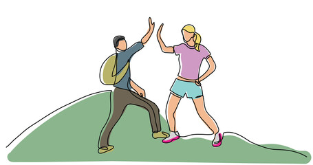 continuous line drawing of two cheerful young campers giving high five colored - PNG image with transparent background