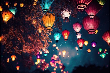 Canvas Print -  a bunch of lanterns are lit up in the night sky with a tree in the background and a few of them glowing in the dark sky with a lot of lights in the middle of the.