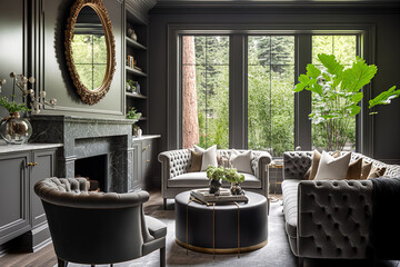 Chic living room filled with built in cabinets flanking round mirror atop grey tile fireplace, tufted sofa facing two armchairs and window wall overlooking lush outdoors. Generative AI