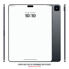 Poster - new frameless tablet grey color with blank touch screen saver front, back and side view isolated on white background. mockup of realistic and detailed device with shadow. vector illustration