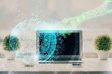 Aufkleber - Double exposure of table with computer on background and data theme drawing. Concept of innovation.