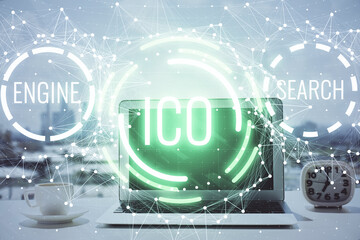 Poster - Double exposure of blockchain and crypto economy theme hologram and table with computer background. Concept of bitcoin cryptocurrency.