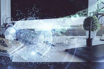 Poster - Double exposure of desktop with computer on background and tech theme drawing. Concept of big data.