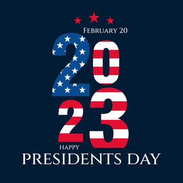 Wall Mural - Happy Presidents Day greeting card, sale flyer, banner, poster with american flag 2023 number.  Presidents day holiday in USA.  Patriotic calligraphy on dark blue background. Vector illustration